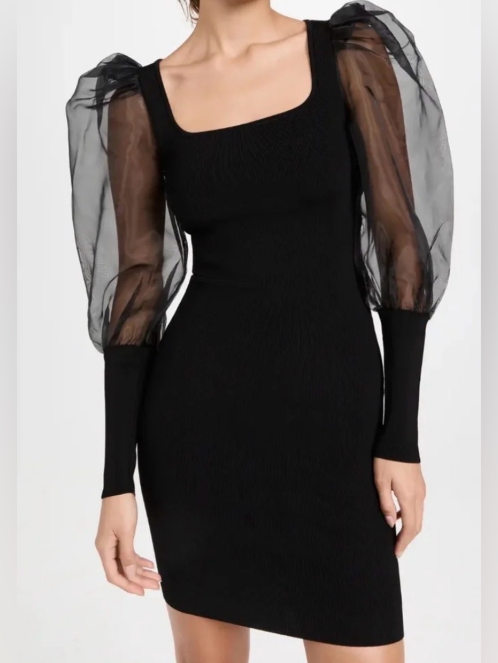 Alice + Olivia NWT Black Puff Sheer Sleeve Bodycon Dress Knit Mini Square Neck S